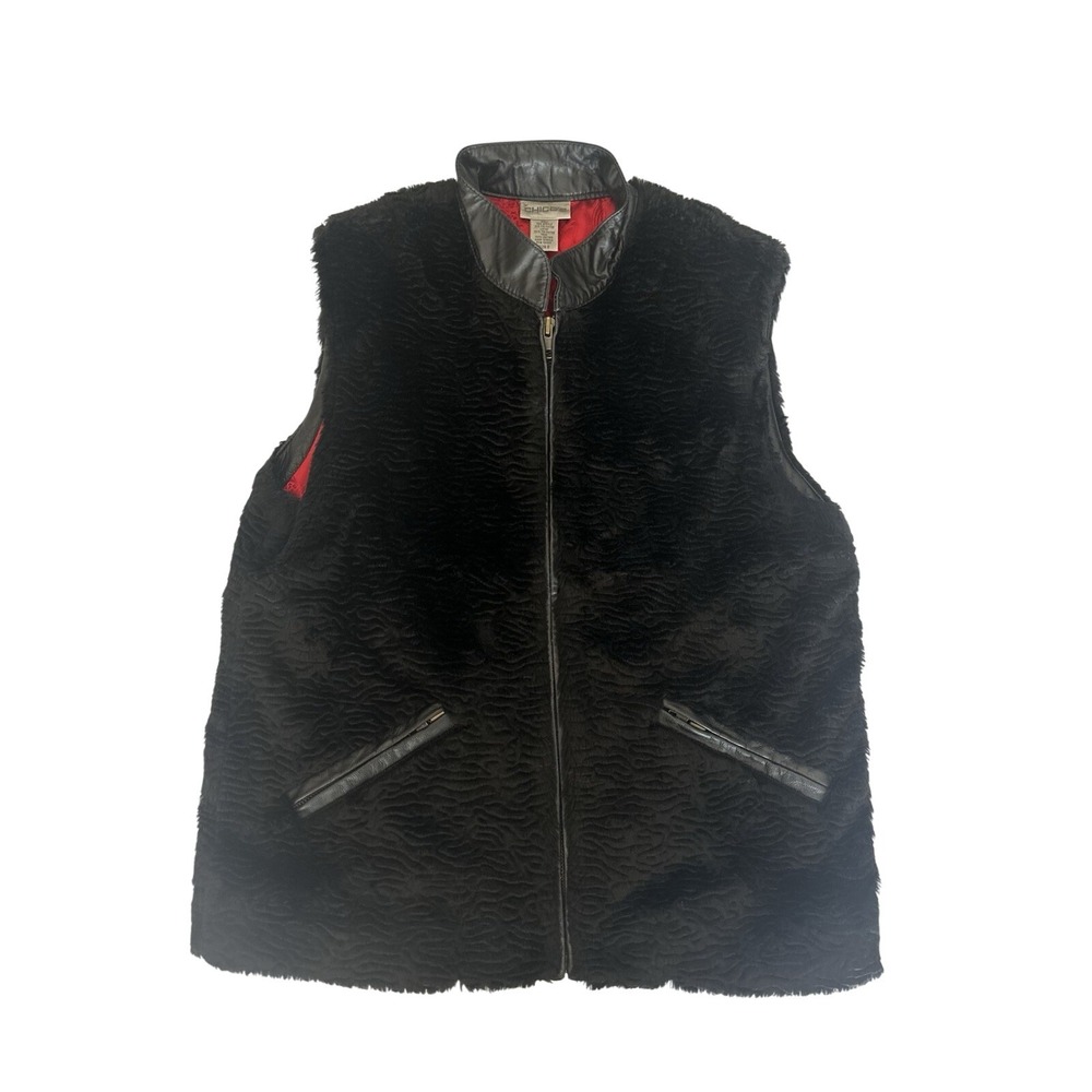Chico's Faux Fur Leather Trim Vest-Full Zip-Black-Size 0 (Small)